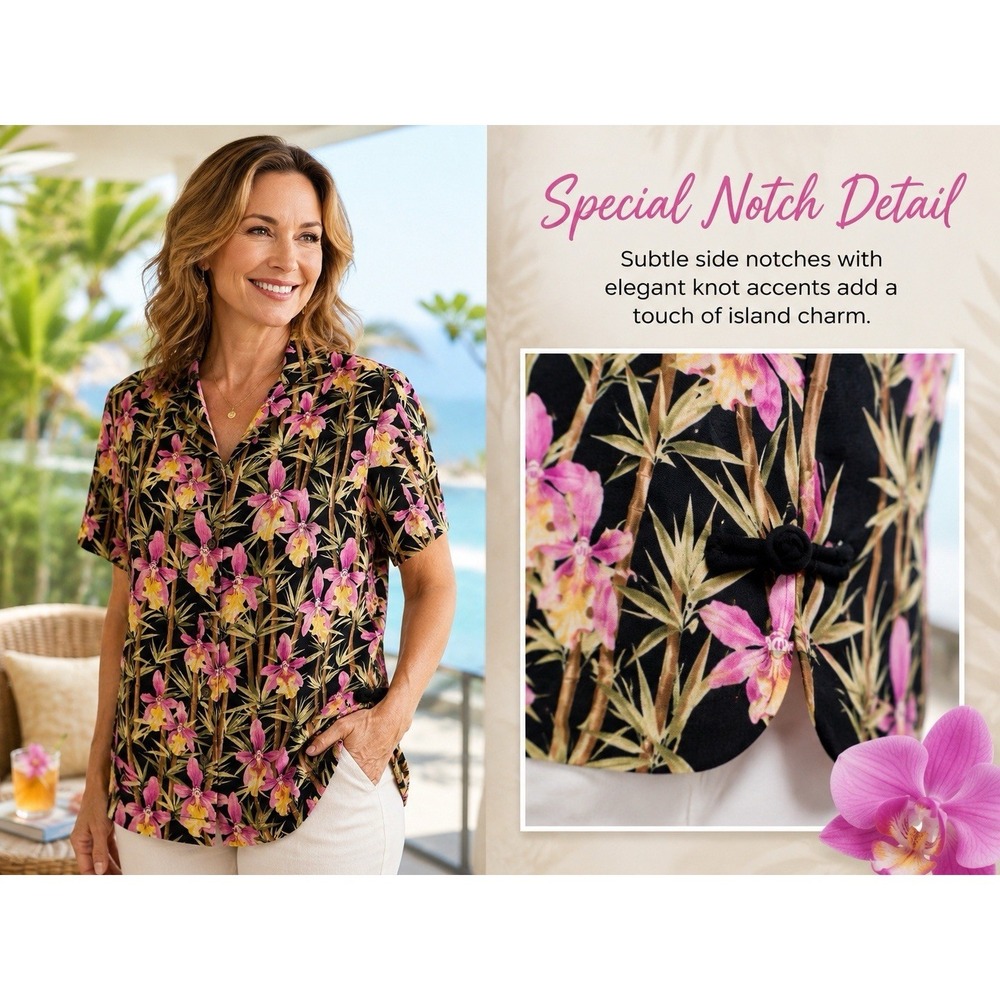 TOMMY BAHAMA Womens 100% Silk Hawaiian Shirt M Black Orchid Tropical Knot Notch